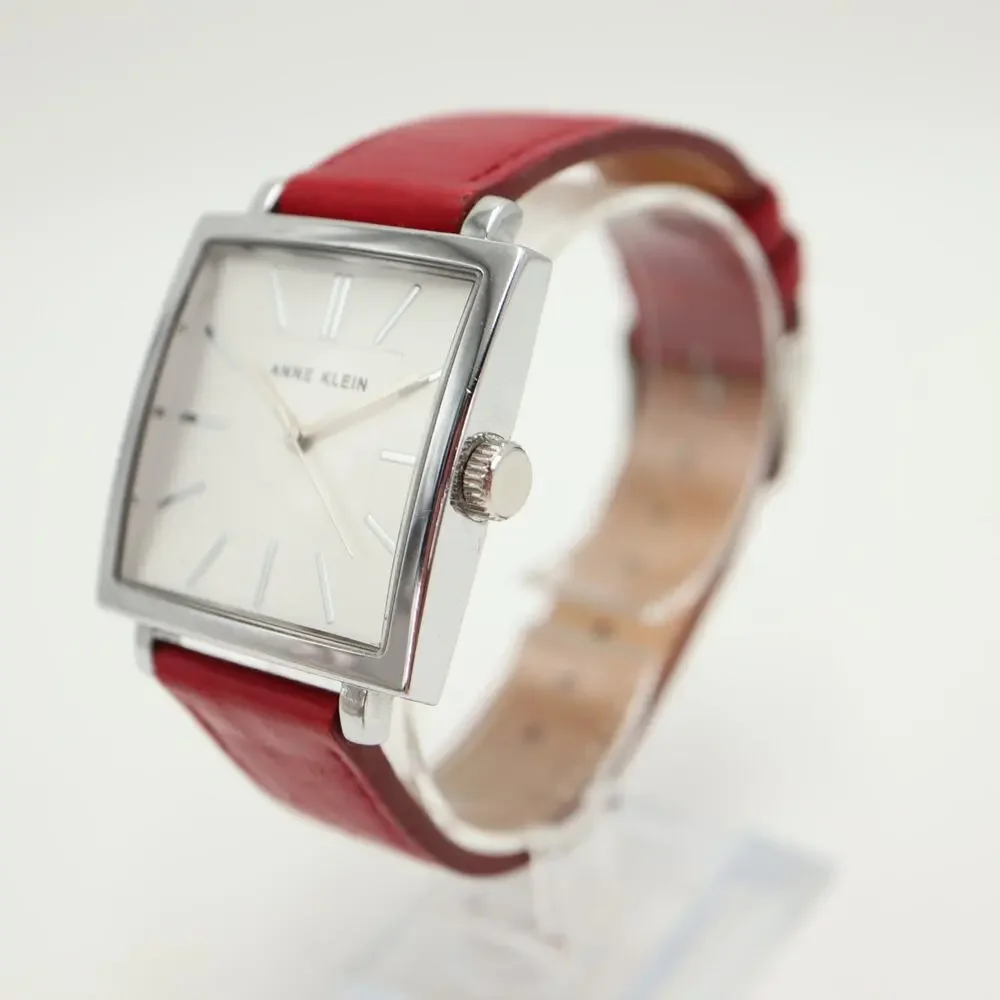 Anne Klein 34mm Square Silver Tone Womens Watch Red Leather Strap w New Battery